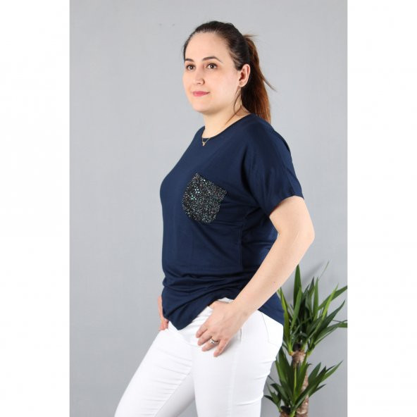Günay Kadın Bluz Etkm9074-1 O Yaka Taş Cep Düşük Kol Penye-LACİVERT - 10