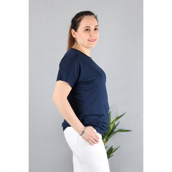 Günay Kadın Bluz Etkm9074-1 O Yaka Taş Cep Düşük Kol Penye-LACİVERT - 11