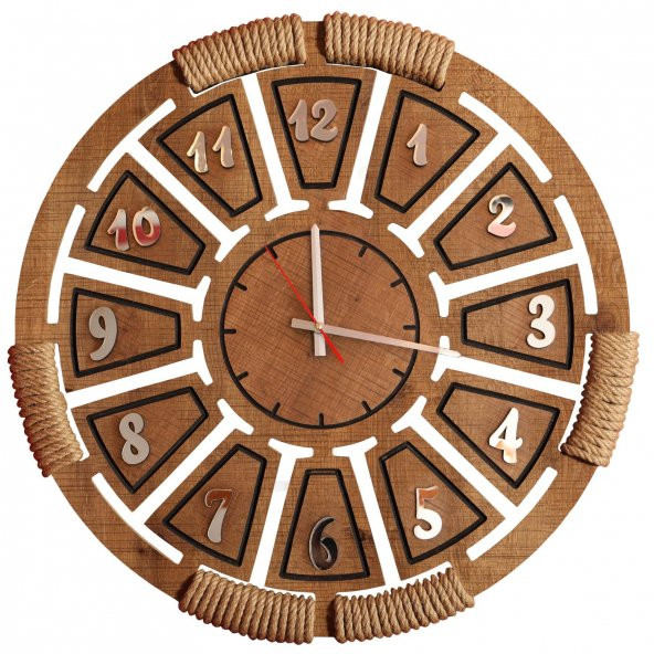 Ahşap Şehri Gümüş Kabartmalı Jüt Halat İşlemeli Ahşap Saat 55 Cm - 2