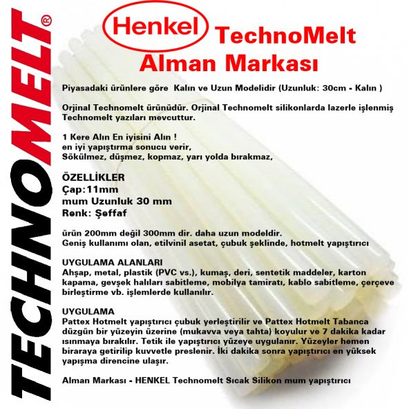 HENKEL (ALMAN MARKASI) TechnoMelt Sıcak Silikon KALIN ŞEFFAF MUM - 10