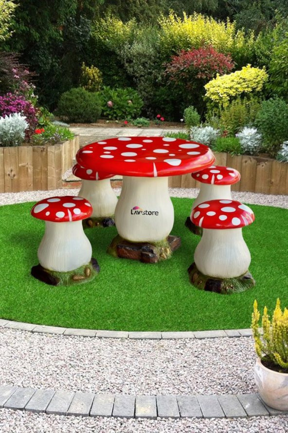 Led Aydınlatmalı Polyester Mantar Bahçe Masası Takımı Işıklı Tabure Seti Özel Bahçeler İçin