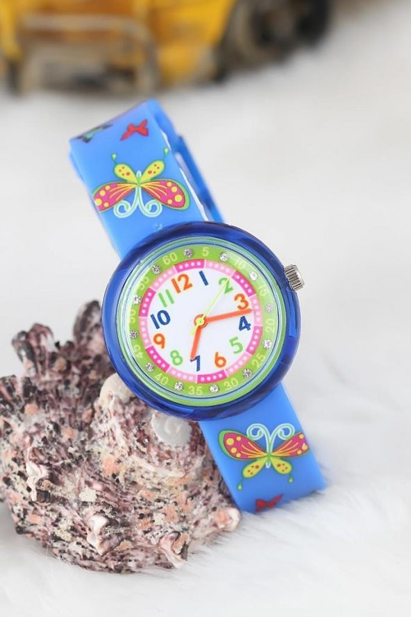 Amay Kelebek Tasarımlı Mavi Silikon Kordonlu Çocuk Saati