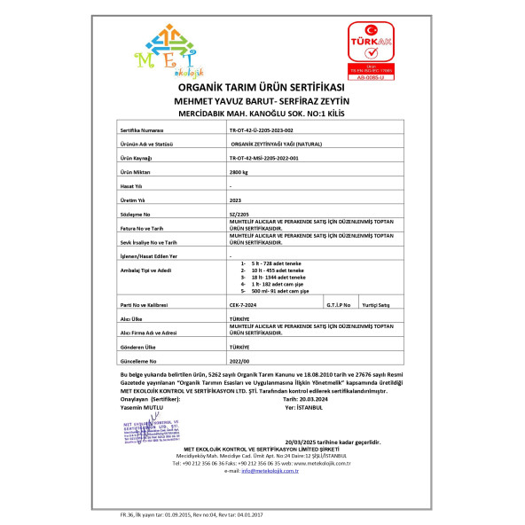 Serfiraz Organik Erken Hasat Soğuk Sıkım Naturel Sızma Zeytinyağı Teneke 18 L - 2