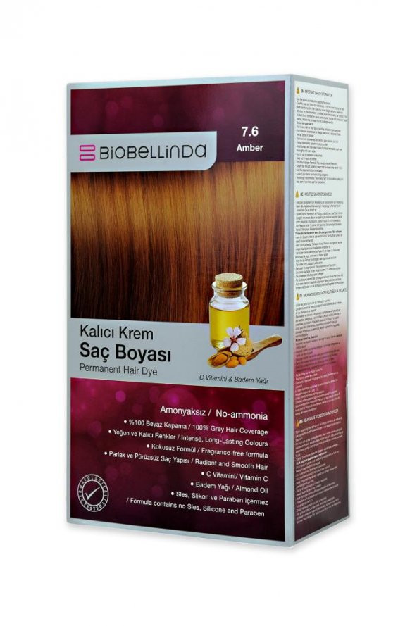 BioBellinda Amonyaksız Krem Saç Boyası - 7.6 Amber Badem Yağı ve C Vitamini ile Saçı Besler