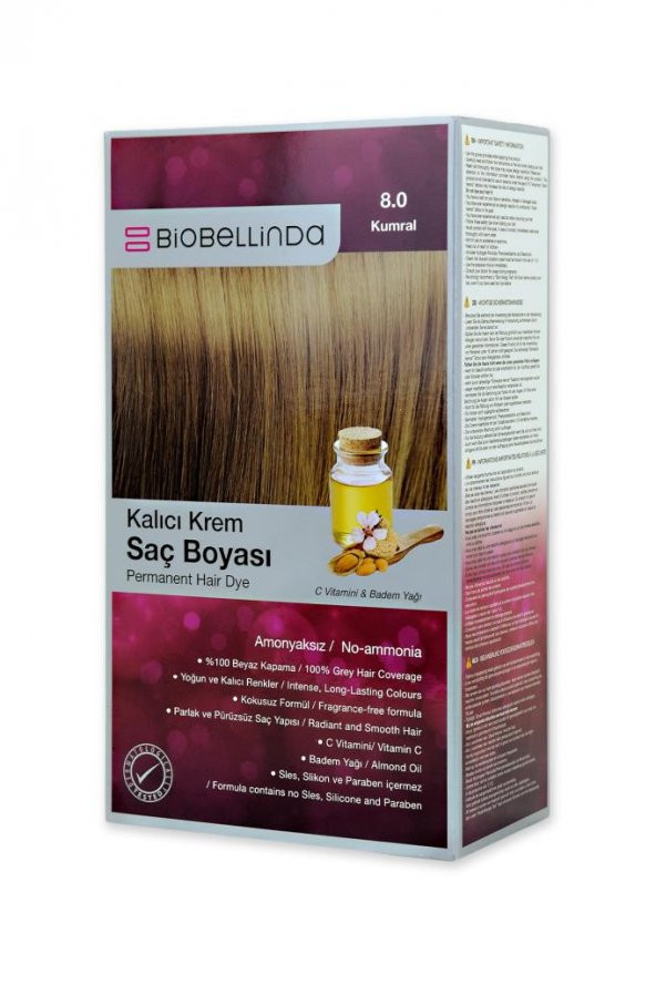 BioBellinda Amonyaksız Krem Saç Boyası - 8.0 Kumral Badem Yağı ve C Vitamini ile Saçı Besler