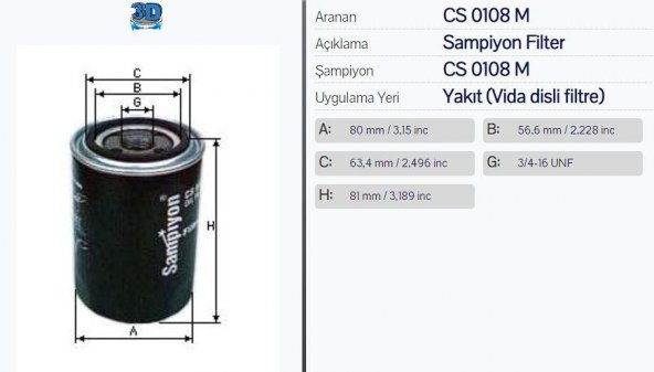 CS0108M TOYOTA HELÜX YAKIT FİLTRESİ 861477-8-4265247-WK 81186
-FF5114
