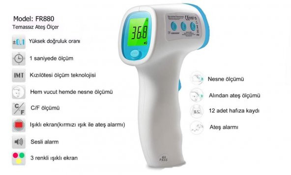 Temassız Ateş Ölçer Kızıl Ötesi Vücut ve Alından Termometre FR880 - 2