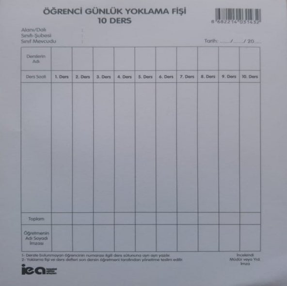 Öğrenci Günlük Yoklama Fişi 10 Ders