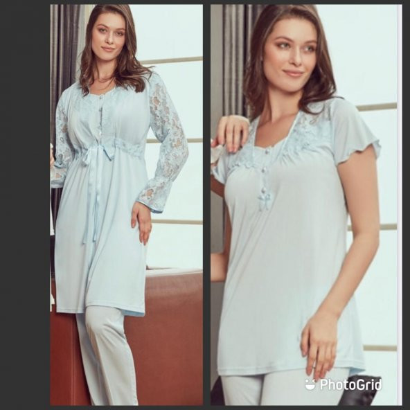 Bone Club 4902 MAVİ  Hamile Lohusa 3 Lü Dantel Kollu Pijama Sabahlık