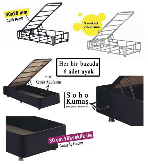 Niron Juliette 150x200 cm Çift Kişilik Yatak Baza Başlık Seti -  Siyah Kumaş Lüks Yatak Takımı - 8