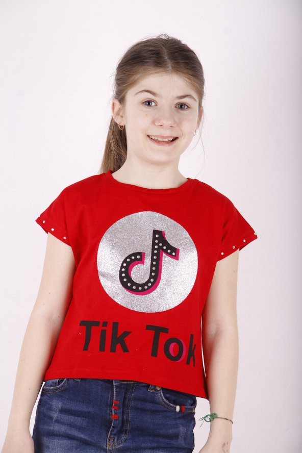 Toontoy Kız Çocuk Kolları Taş Detaylı TikTok Baskılı Tişört