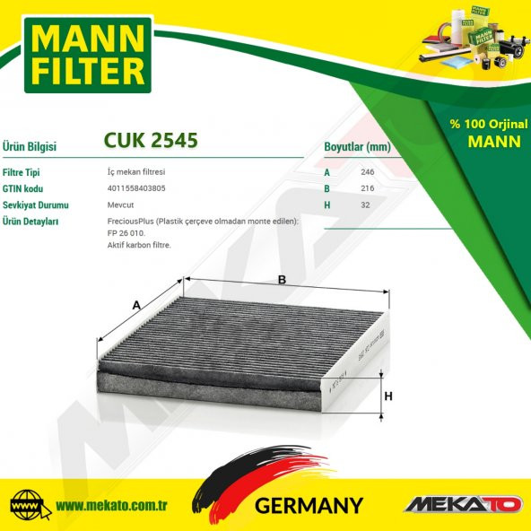 MANN CUK 2545 POLEN FİLTRESİ (KARBONLU) - 2