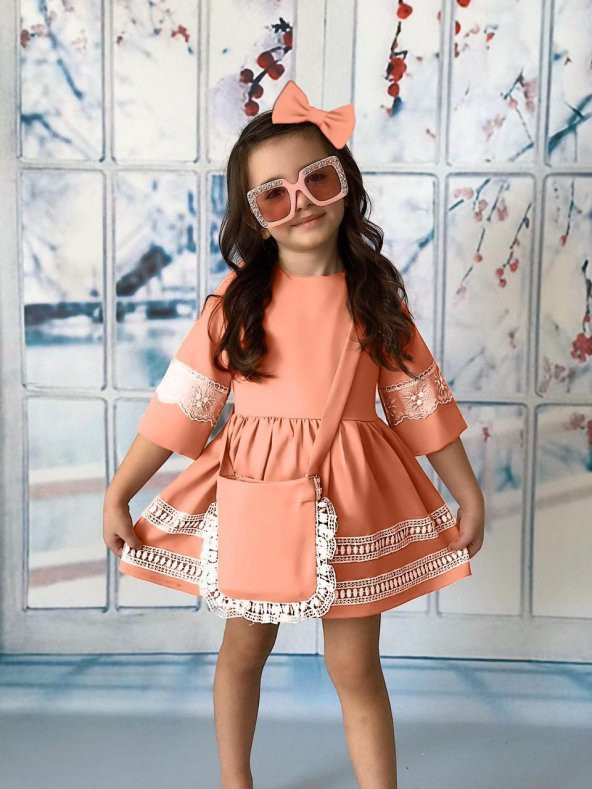 Kız Çocuk Candy Girl Çantalı Pudra Elbise