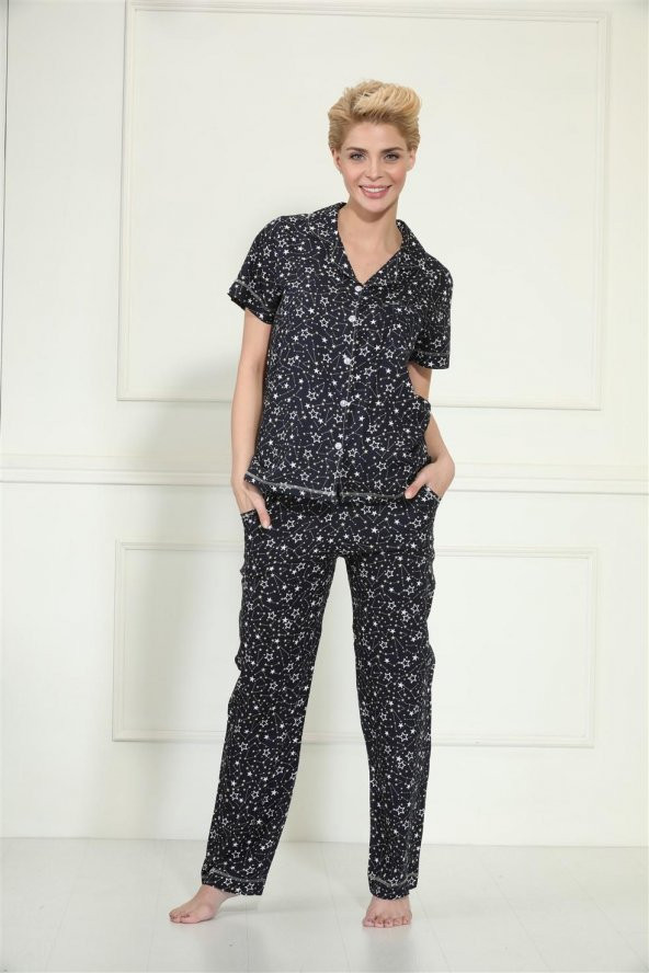 etoile Dokuma Kumaş Pijama Takımı Büyük Beden S - 5XL Arası / 98099  Lacivert 3XL