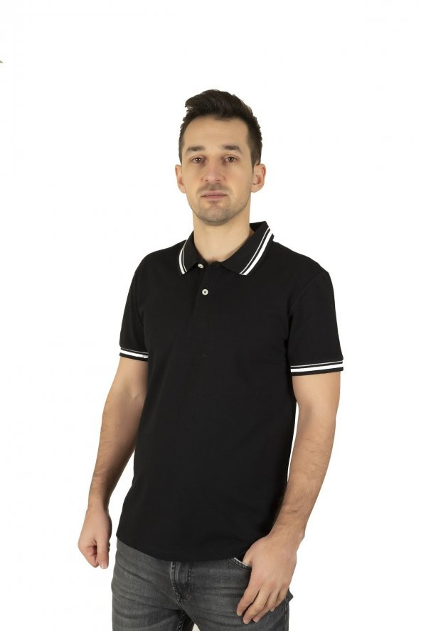 Erkek Siyah Polo Yaka Kısa Kollu T-shirt