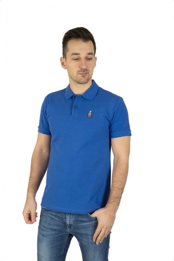 Erkek Mavi Baskılı Polo Yaka T-shirt