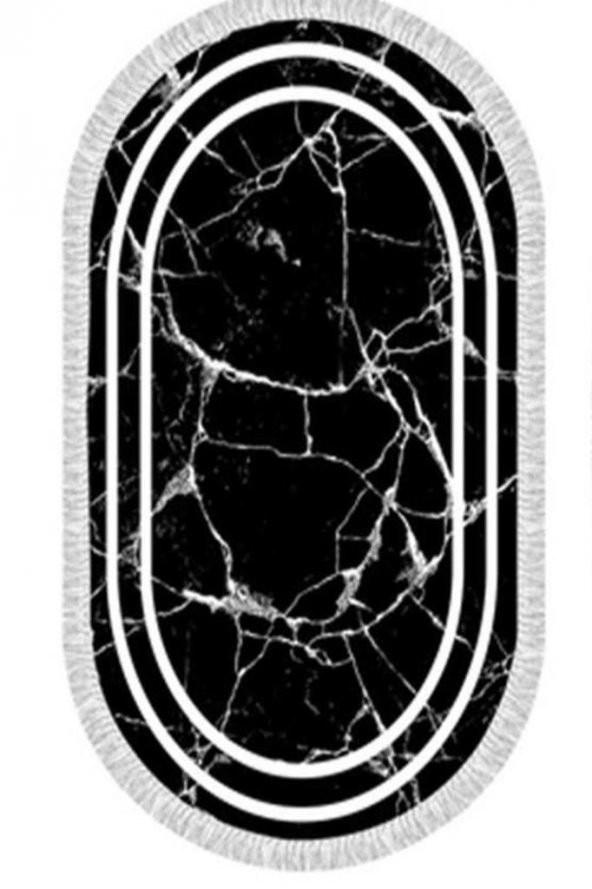 Oval Saçaklı 2li Banyo Paspas Takımı Linear Stone Siyah Beyaz - 3