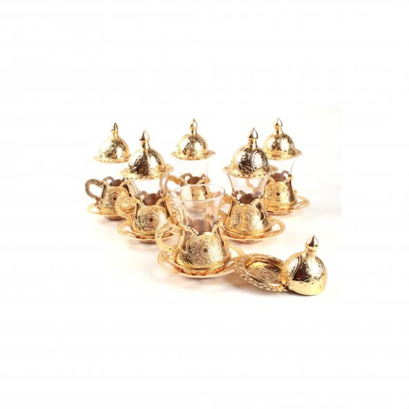 Osmanlı Motifli 6 Kişilik 30 Parça Çay Bardağı Takımı Altın Sarı ve Gümüş renk
