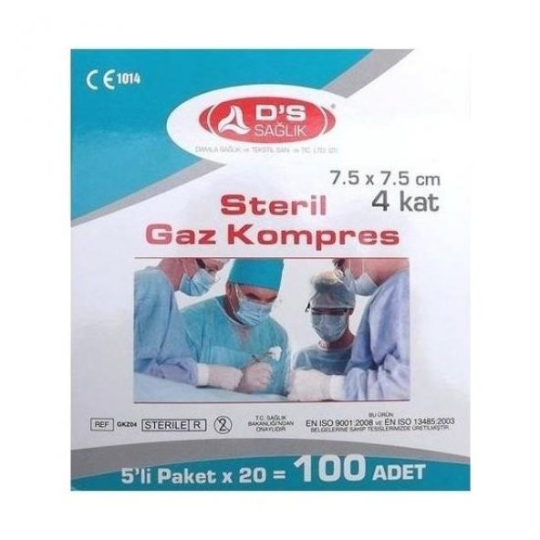 DS Sağlık Steril Gaz Kompres 7.5 x 7.5 cm 4 kat 5 li Zarf 100 lü