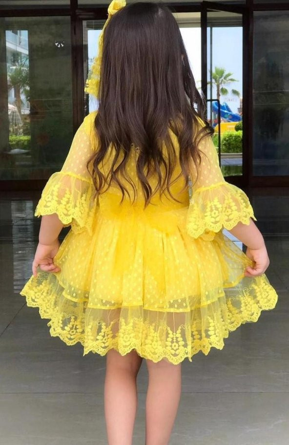 Kız Çocuk Prenses Güpürlü Sarı Elbise