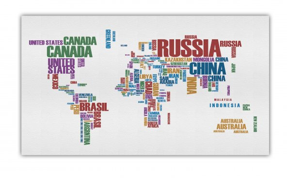 Ülke İsimli Dünya Haritası Kanvas Tablo