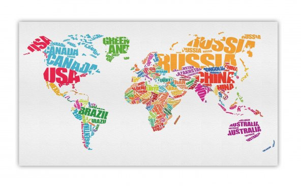 Renkli Ülke İsimli Dünya Haritası Kanvas Tablo