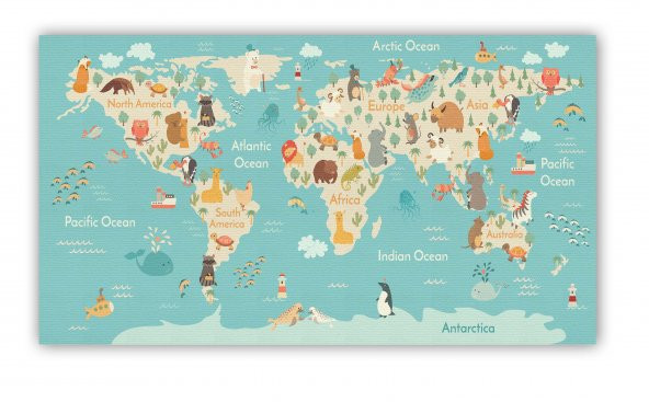Hayvanlar Alemi Çocuk Odası Dünya Haritası Kanvas Tablo
