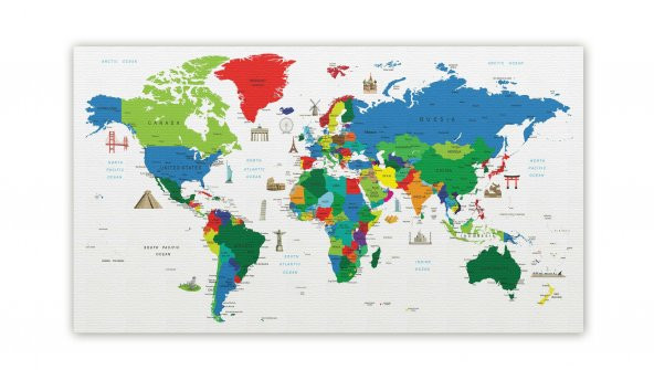 Ünlü Yerler Sembollü Kanvas Dünya Haritası