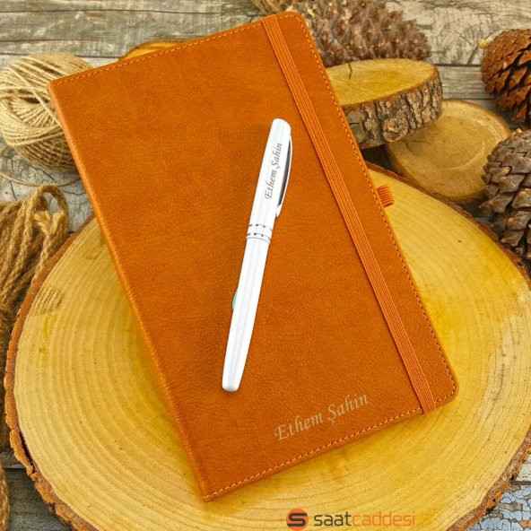 İsme Özel Termo Deri Defter Kahverengi + İsme Özel Kalem Seti - 2