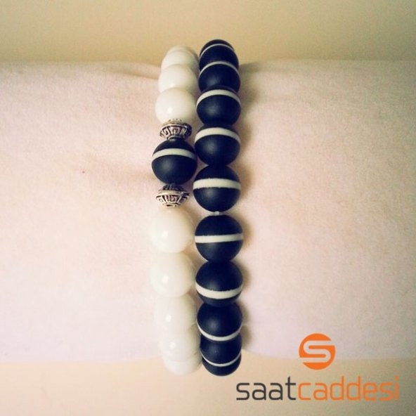 Doğal Akik Taş Siyah Beyaz Bileklik Set - 2
