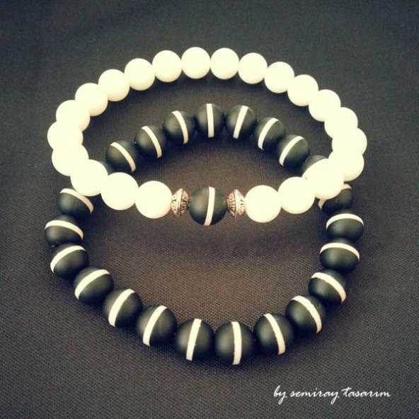 Doğal Akik Taş Siyah Beyaz Bileklik Set - 3