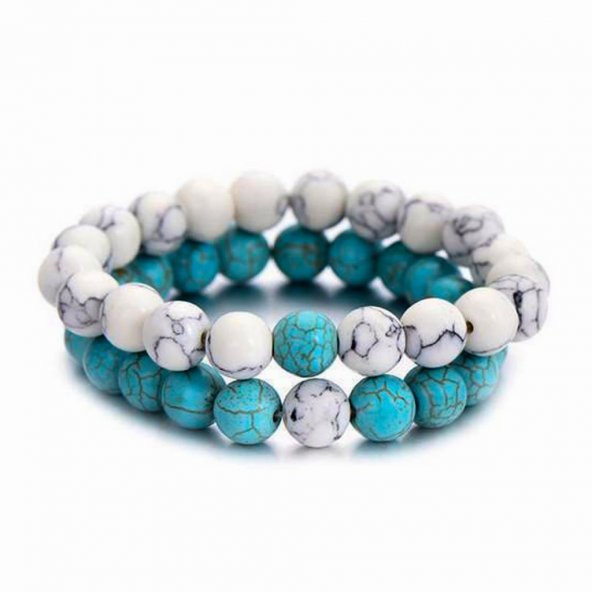 Turkuaz Renkli Doğaltaş ve Havlit Doğal Taş Bileklik Seti Unisex