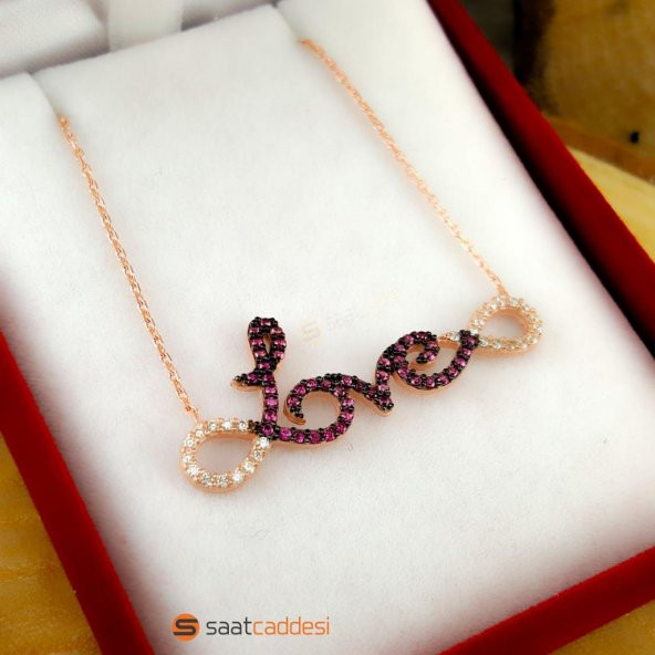 925 Ayar Gümüş Pembe Zirkon Taşlı Love Yazılı Sonsuzluk Kolyesi