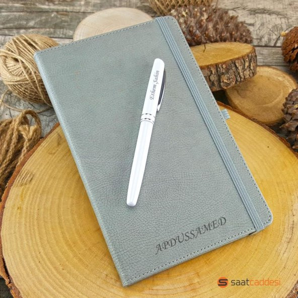 İsme Özel Termo Deri Defter Gri + İsme Özel Kalem Seti - 3