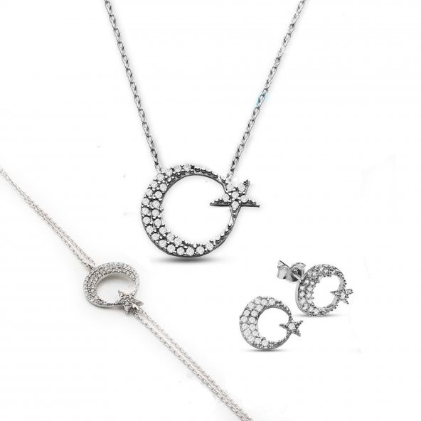 925 Ayar Gümüş Ayyıldız Kolye & Küpe & Bileklik Set