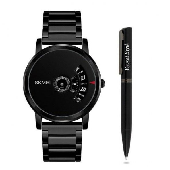 Skmei Siyah Metal Kordonlu Saat Erkek Kol Saati + İsme Özel Kalem Hediyeli