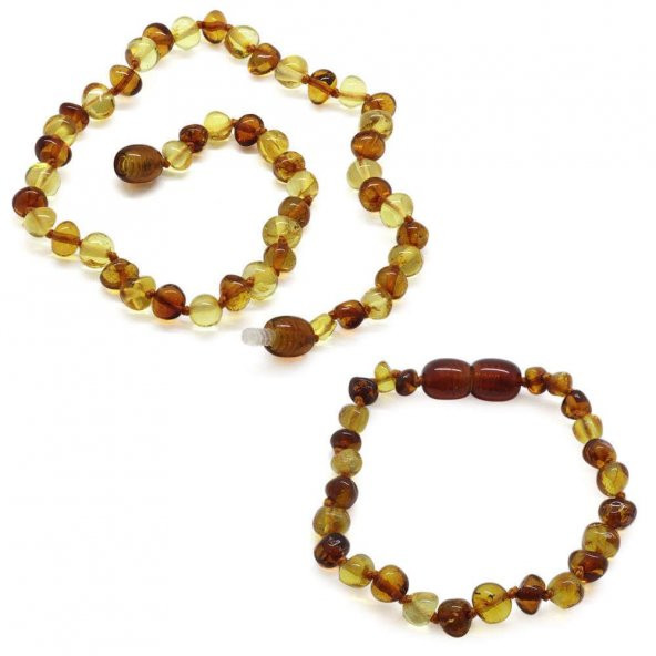 Çok Renkli Orijinal Damla Kehribar Bebek Diş Kolye Bileklik Seti