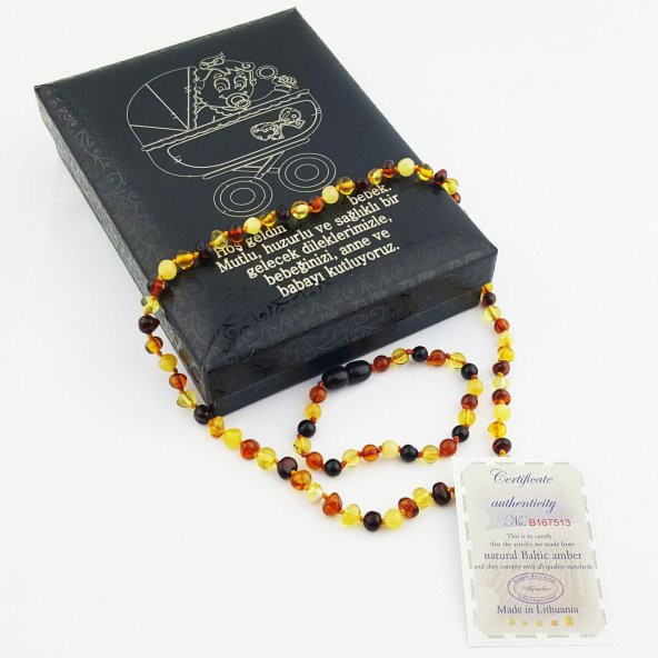 Tebrik notlu Kutusunda Sertifikalı Damla Kehribar Bebek Diş Kolyesi - 2