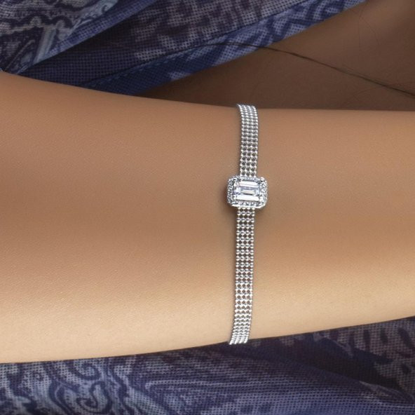 925 ayar gümüş Swarovski Taşlı Baget Tek Taş Bileklik Sertifikalı - 3