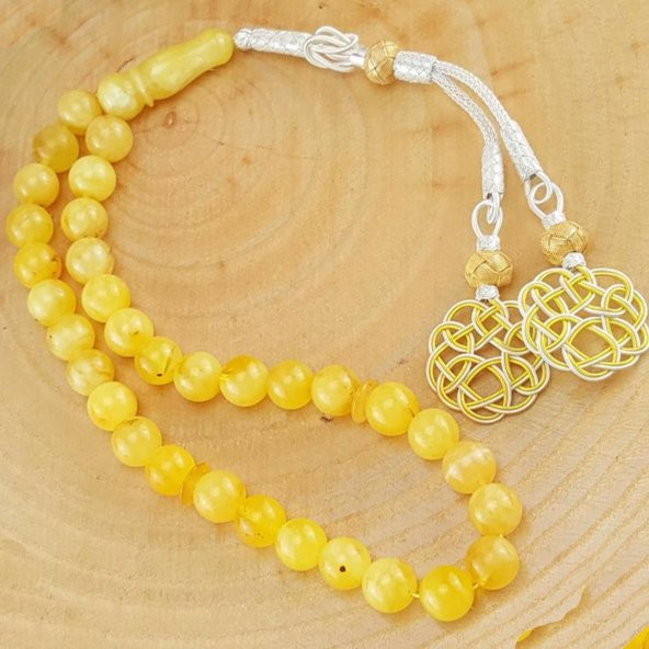 1000 Ayar Gümüş Kazaz Püsküllü Gerçek Damla Kehribar Tesbih ürün görseli 1