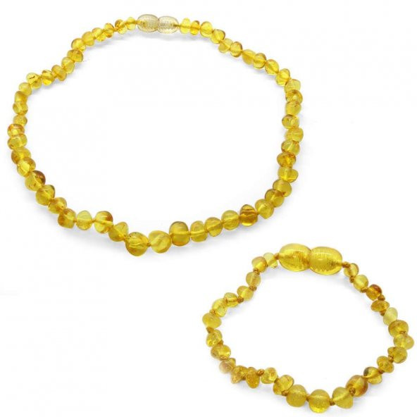 Sarı Orijinal Damla Kehribar Taşlı Bebek Diş Kolye Bileklik Seti