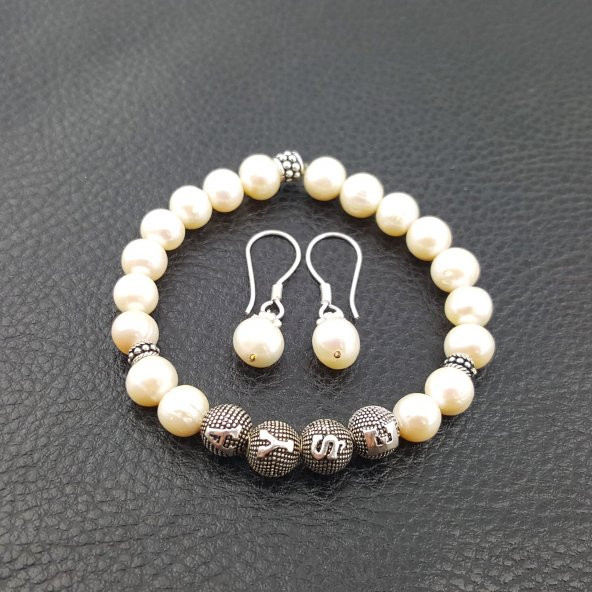 İsme Kişiye Özel 925 Ayar Gümüş Gerçek İnci Bileklik Küpe Seti - 3