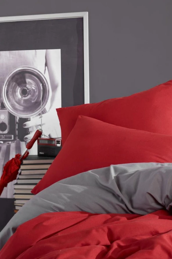 LadyModa Red&Grey Tek Kişilik %100 Pamuk Nevresim Takımı - 6