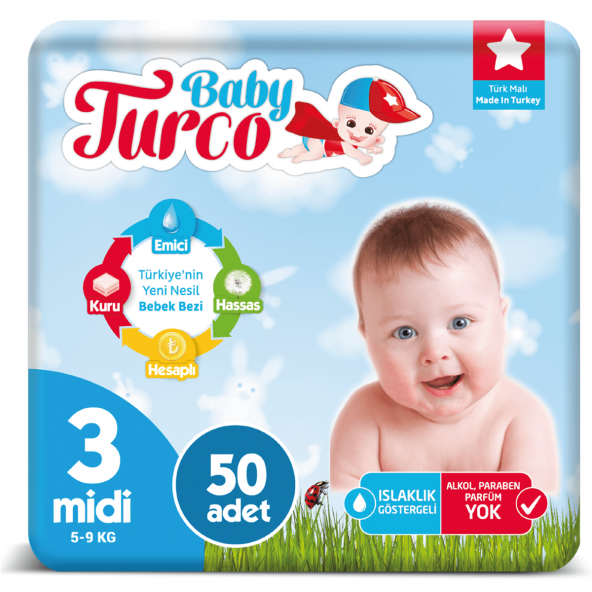 Baby Turco Bebek Bezi 3 Numara Midi 50 Adet