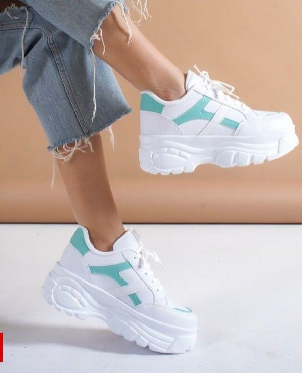 Sneaker Kadın Spor Ayakkabı Yüksek Taban Beyaz Su Yeşili