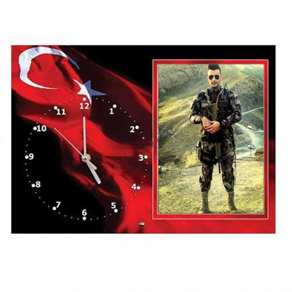 Dalgalanmış Türk Bayrağı Desenli Asker Hediyesi Cam Saat Fotoğraf Çerçevesi