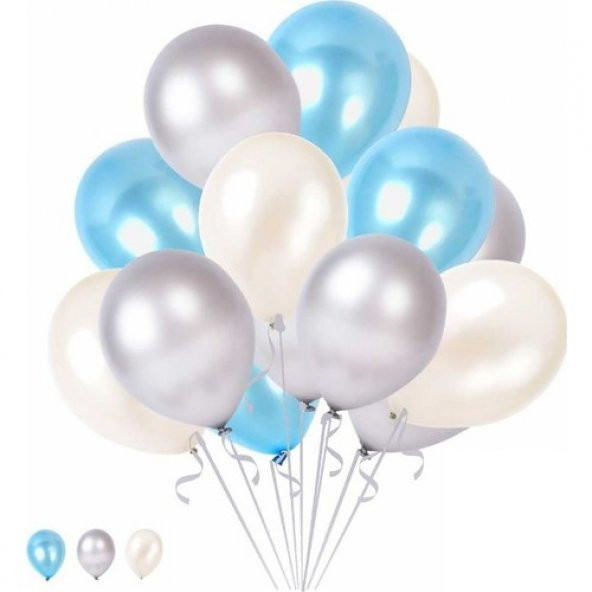 Sihirlibalkon 10 Mavi 10 Beyaz 10 Gümüş Balonlar Metalik Parlak
