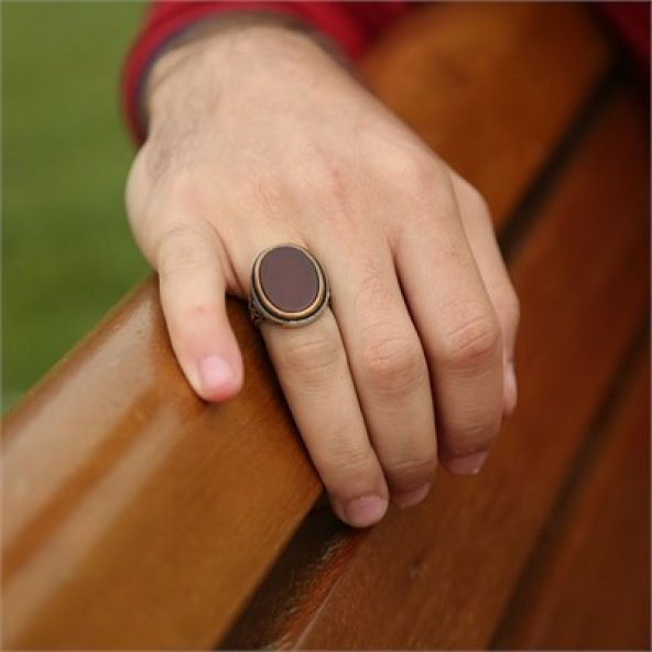 Gümüş Oval Akik Taşlı Erkek Yüzük - 2