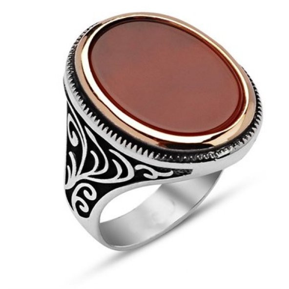 Gümüş Oval Akik Taşlı Erkek Yüzük - 6