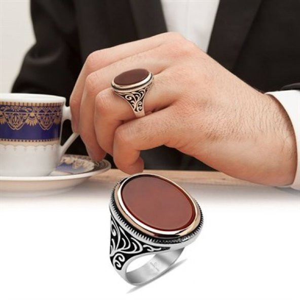 Gümüş Oval Akik Taşlı Erkek Yüzük - 8